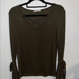 Heart Hips Olive Green Long Sleeve V-Neck Top with Tie Cuffs